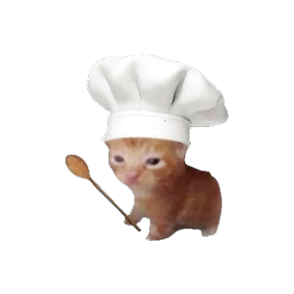 a small cat with a wooden spoon and chef hat